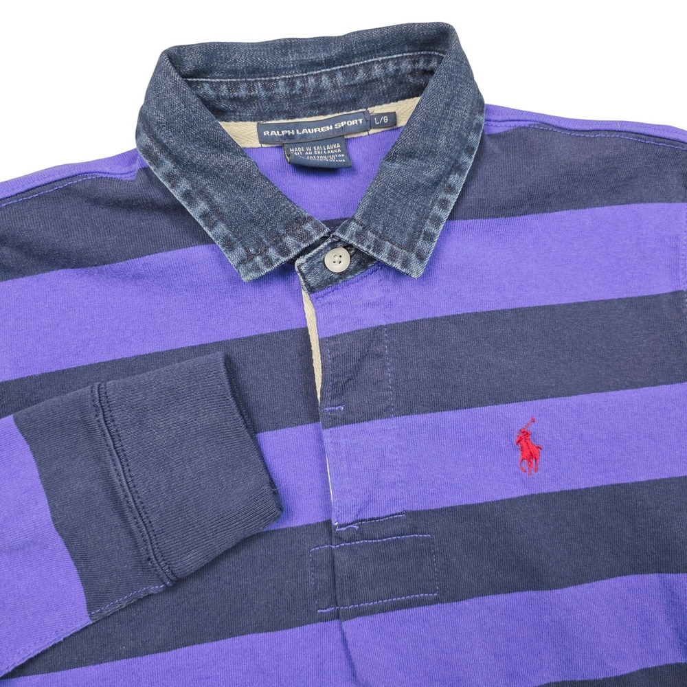 VTG Ralph Lauren Sport Boys Rugby Shirt Long Sleeve Purple Stripe Denim Collar L
